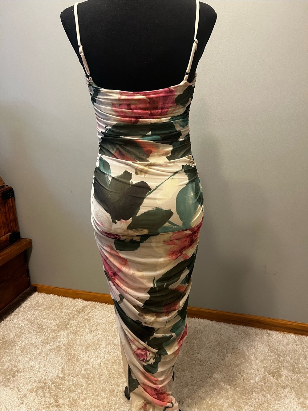 Express Floral Ruched Maxi Dress in Cream, Pink & Green - Picture 4 of 5
